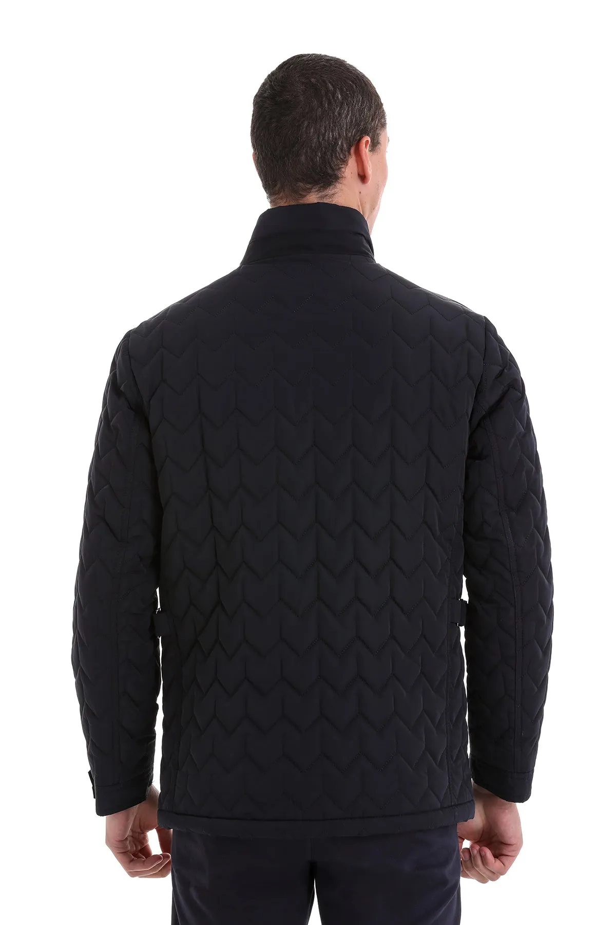 Regular Fit Quilted Stand Collar Navy Coat, Navy