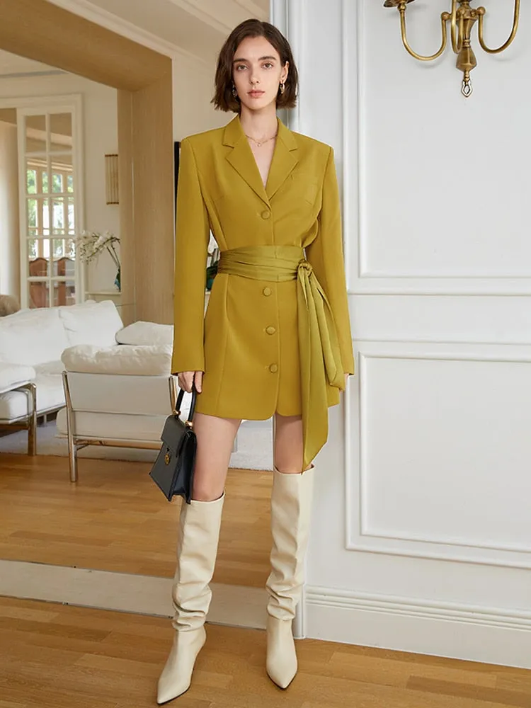 Retro High-End Contrast Color Belt & Shoulder Pad Dress