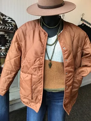 Rust Quilted Lightweight Puffer Bomber Coat - S to 3X