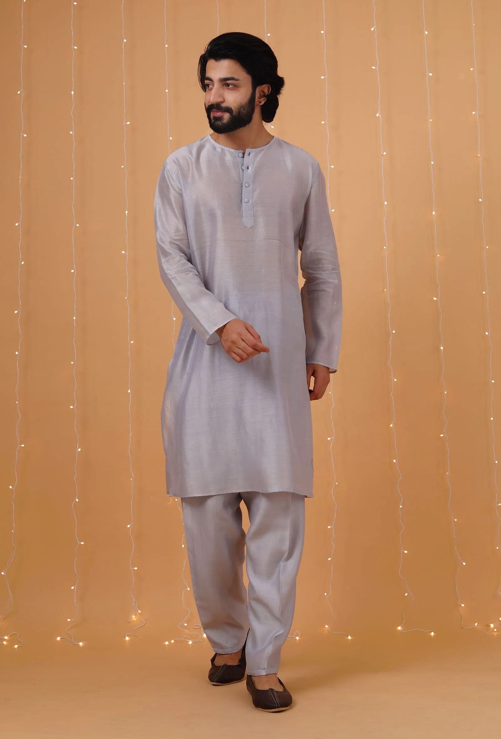 Set Of 3: Ice Blue Chanderi Kurta, Pajama & Overlapped Nehru Jacket