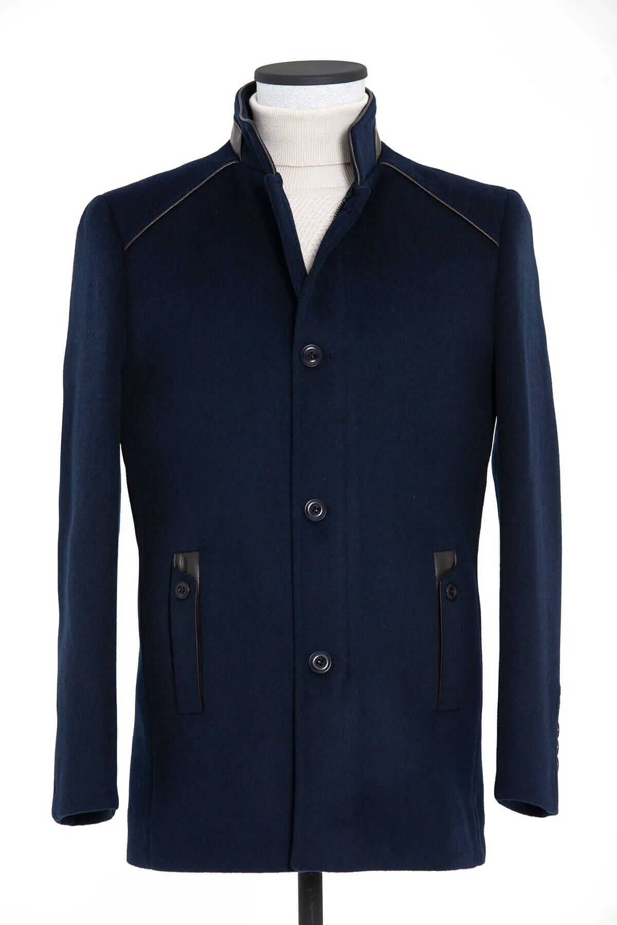 Slim Fit Notch Lapel Wool Navy Overcoat, Navy