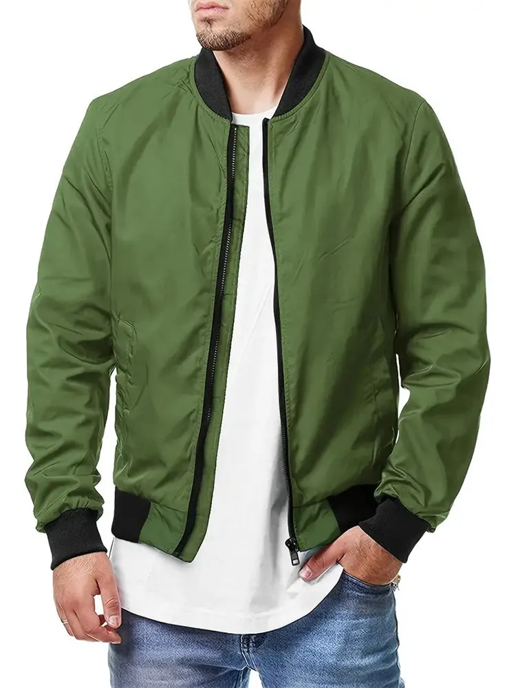 Solid Color Zipper Bomber Jacket