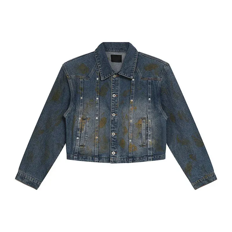 Sprig Denim Jackets High Street Made Old Washed Handsome Jacket American Trendy Shoulder Pad Turn-down Collar 9C5149