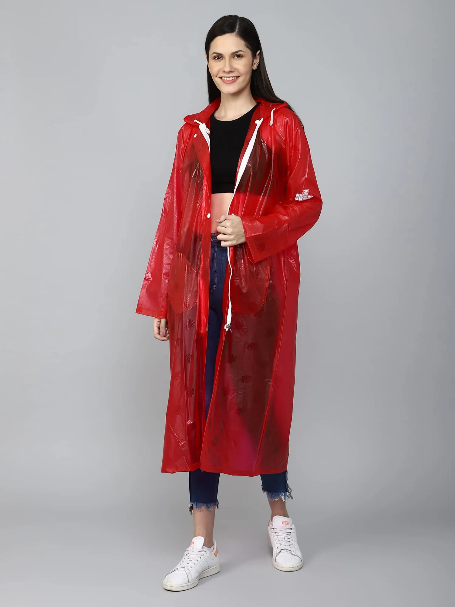 THE CLOWNFISH Cindrella Series Womens Waterproof PVC Self Design Longcoat/Raincoat with Adjustable Hood (Blue, XX-Large)