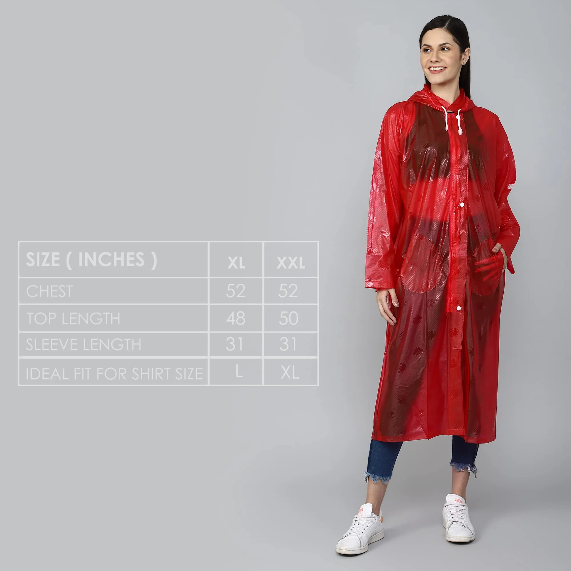 THE CLOWNFISH Cindrella Series Womens Waterproof PVC Self Design Longcoat/Raincoat with Adjustable Hood (Blue, XX-Large)