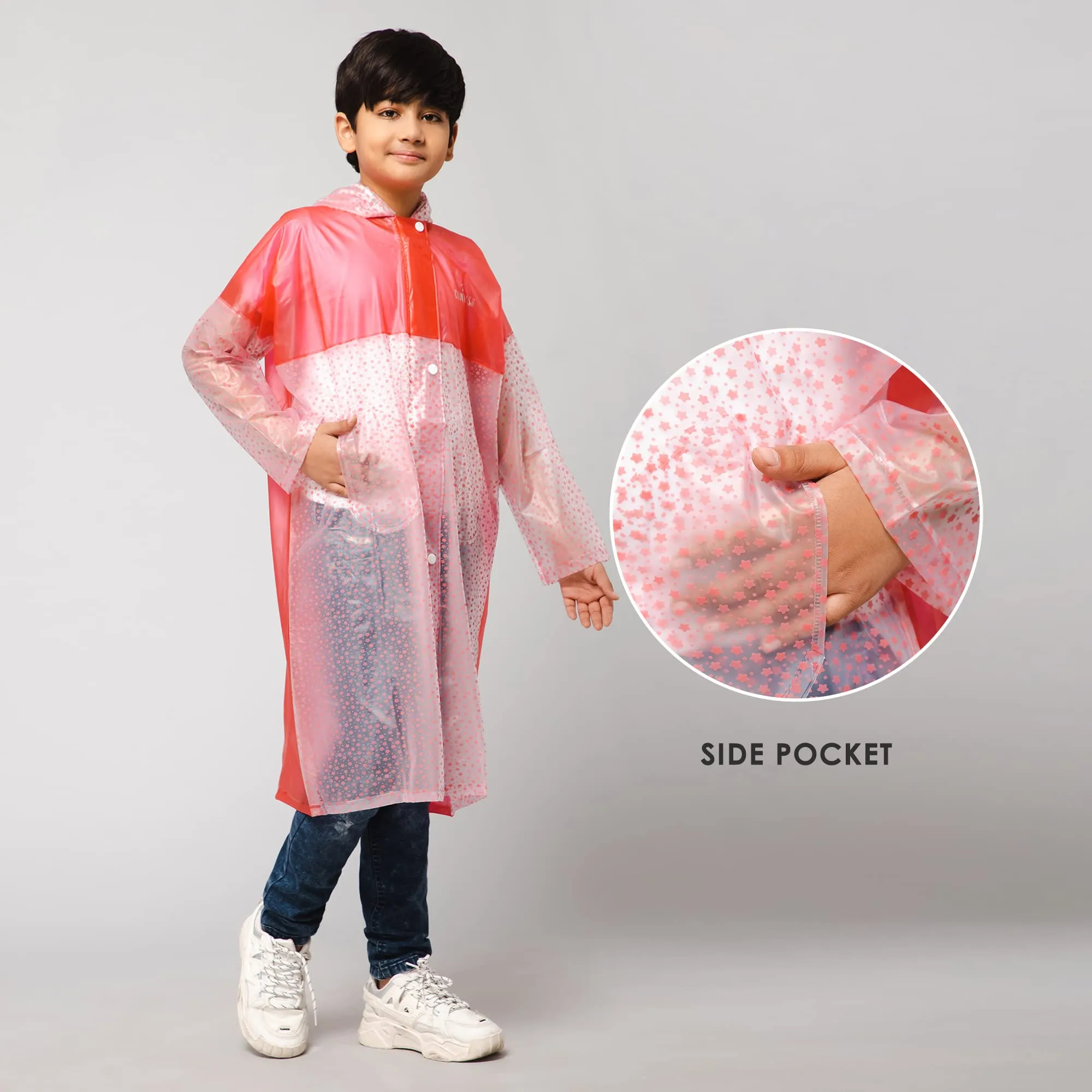 THE CLOWNFISH Misty Magic Series Unisex Kids Waterproof Single Layer PVC Longcoat/Raincoat with Adjustable Hood. Age-5-6 Years (Rose Red)