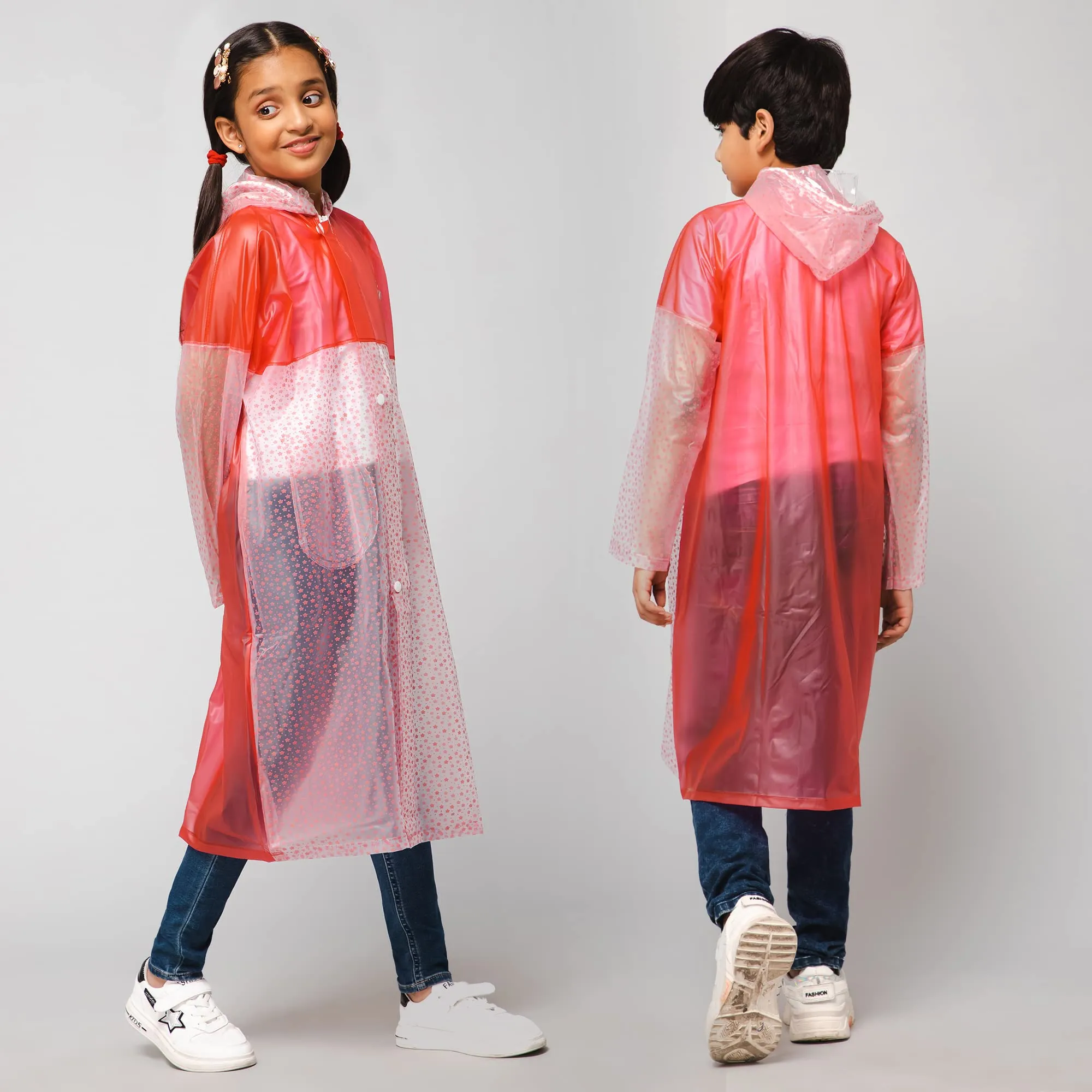 THE CLOWNFISH Misty Magic Series Unisex Kids Waterproof Single Layer PVC Longcoat/Raincoat with Adjustable Hood. Age-5-6 Years (Rose Red)