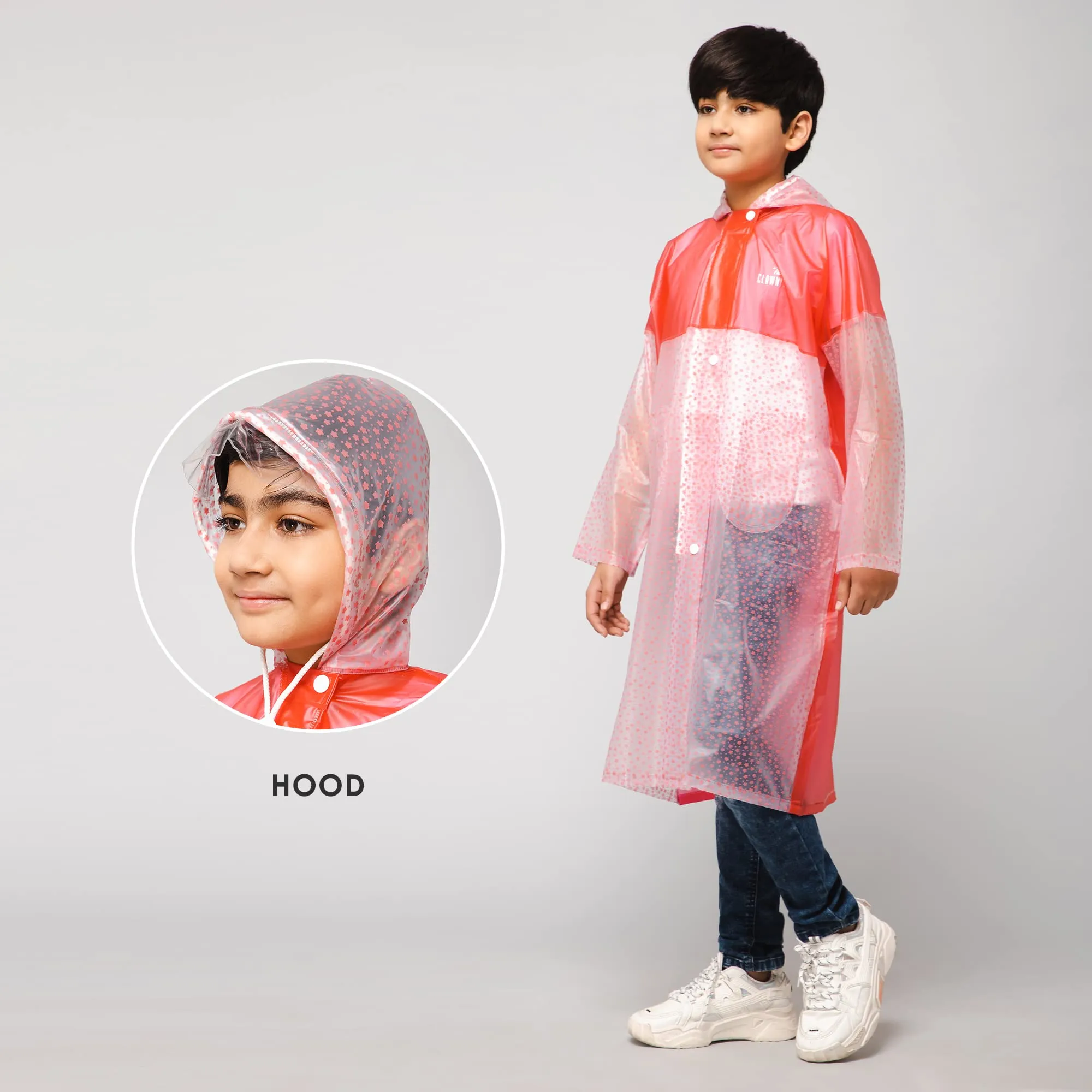 THE CLOWNFISH Misty Magic Series Unisex Kids Waterproof Single Layer PVC Longcoat/Raincoat with Adjustable Hood. Age-5-6 Years (Rose Red)