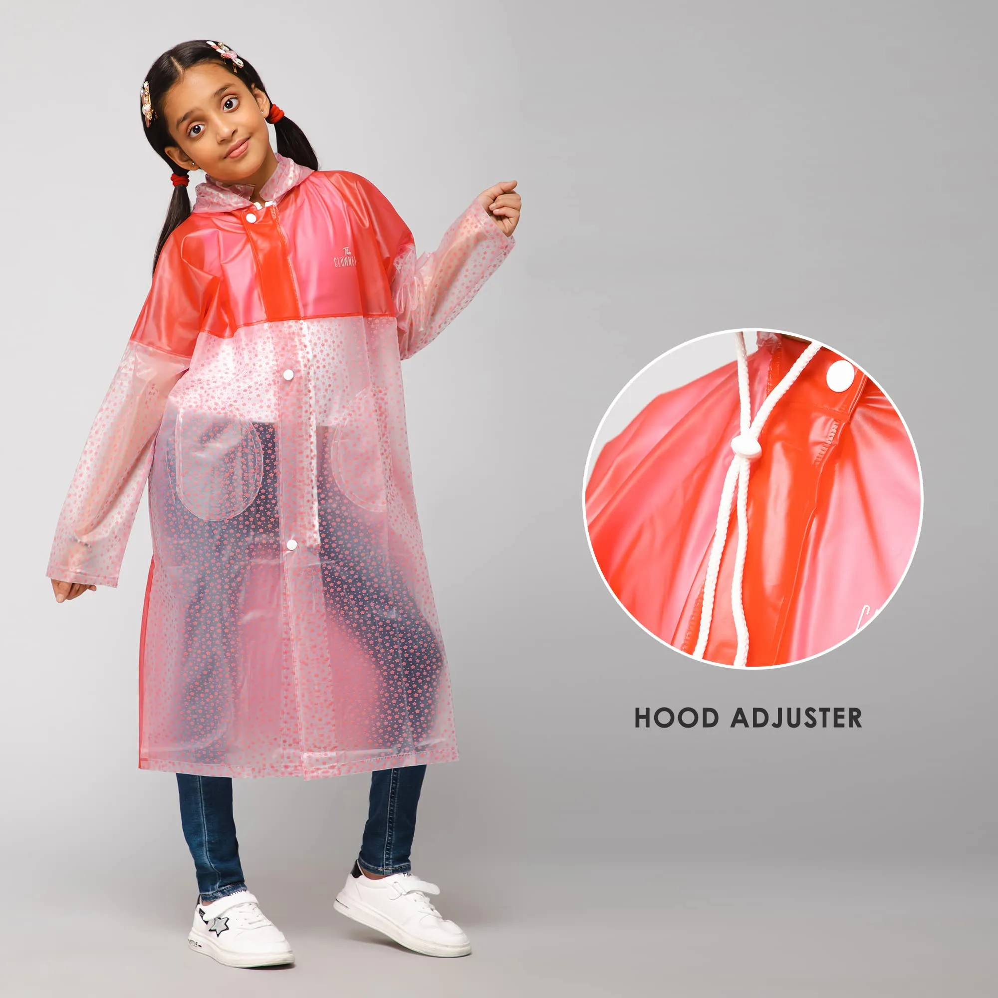 THE CLOWNFISH Misty Magic Series Unisex Kids Waterproof Single Layer PVC Longcoat/Raincoat with Adjustable Hood. Age-5-6 Years (Rose Red)