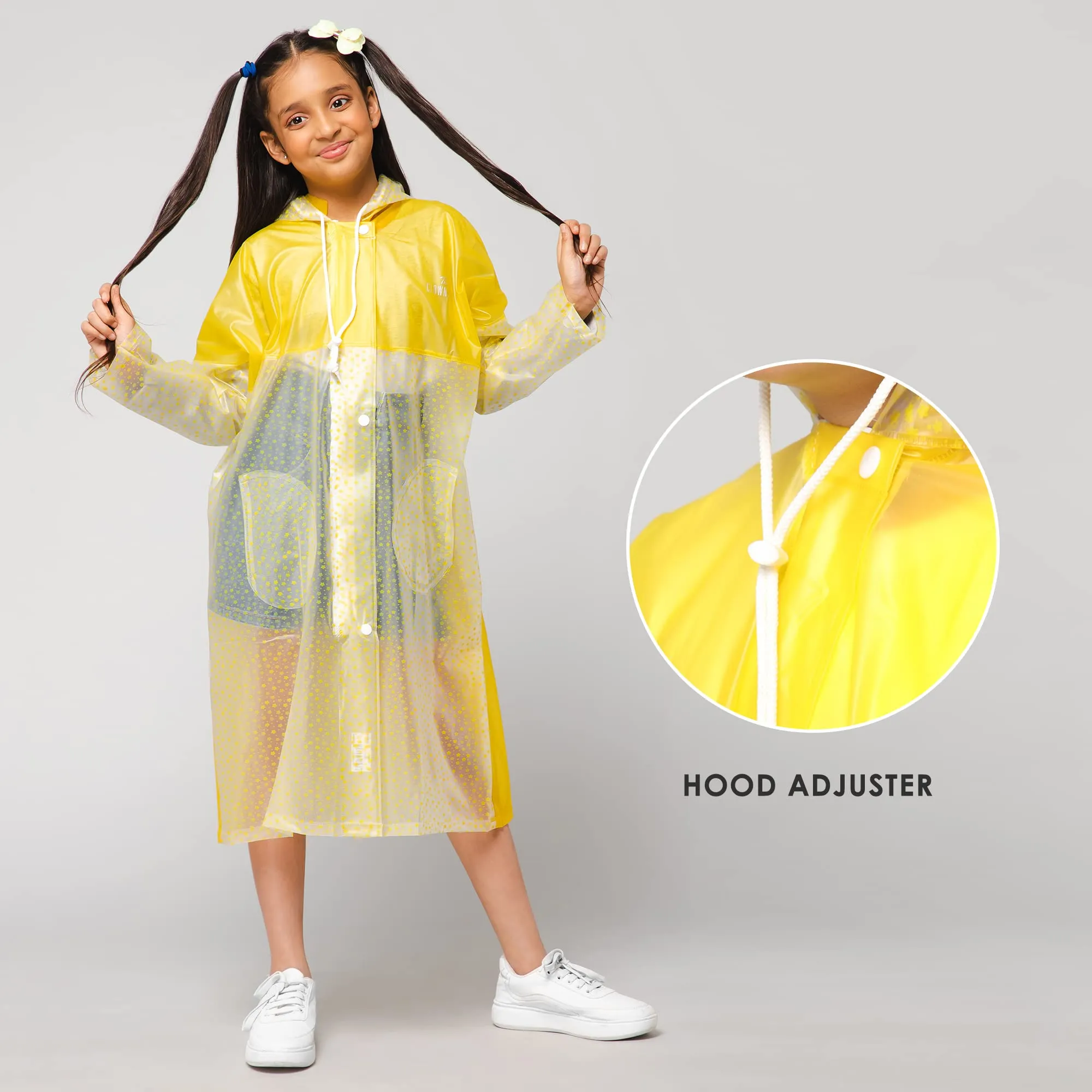 THE CLOWNFISH Misty Magic Series Unisex Kids Waterproof Single Layer PVC Longcoat/Raincoat with Adjustable Hood. Age-6-7 Years (Lemon Yellow)