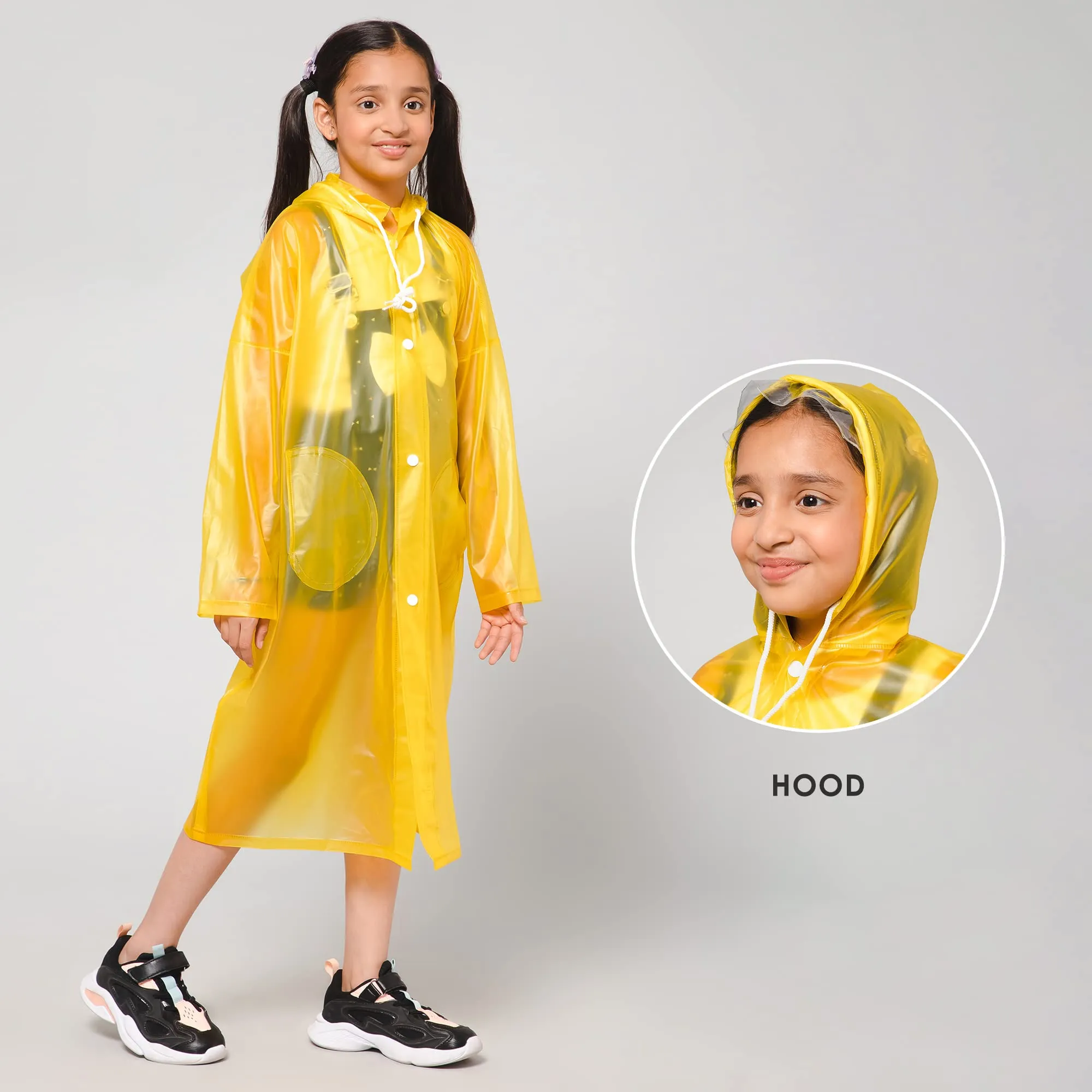 THE CLOWNFISH Wet & Wild Series Unisex Kids Waterproof Single Layer PVC Longcoat/Raincoat with Adjustable Hood. Age-3-4 Years (Light Orange)