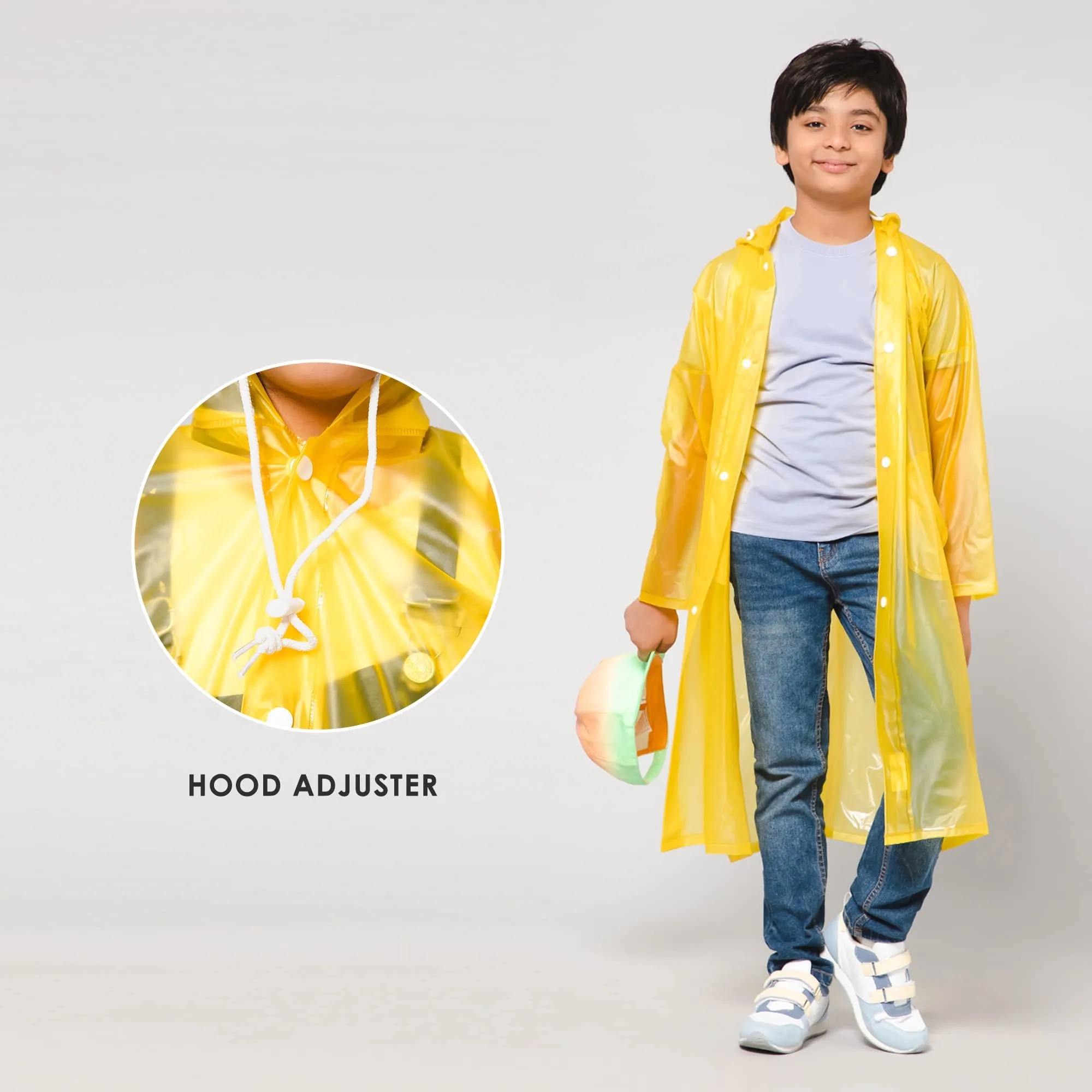 THE CLOWNFISH Wet & Wild Series Unisex Kids Waterproof Single Layer PVC Longcoat/Raincoat with Adjustable Hood. Age-3-4 Years (Light Orange)