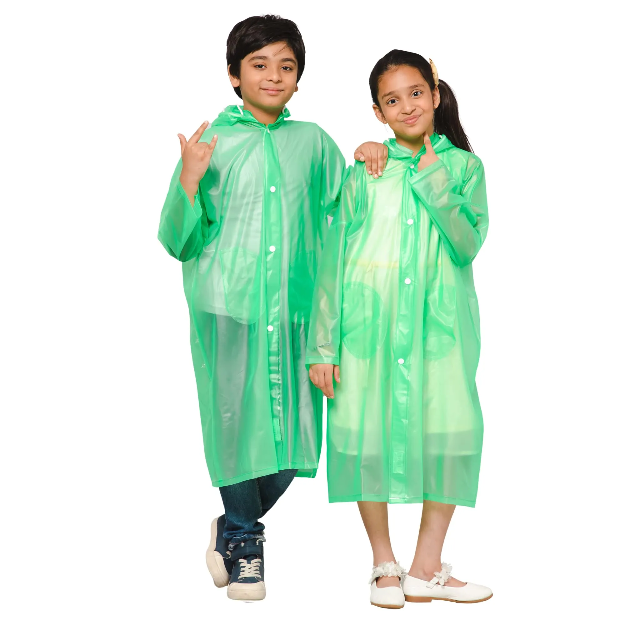 THE CLOWNFISH Wet & Wild Series Unisex Kids Waterproof Single Layer PVC Longcoat/Raincoat with Adjustable Hood. Age-4-5 Years (Fluoroscent Green)