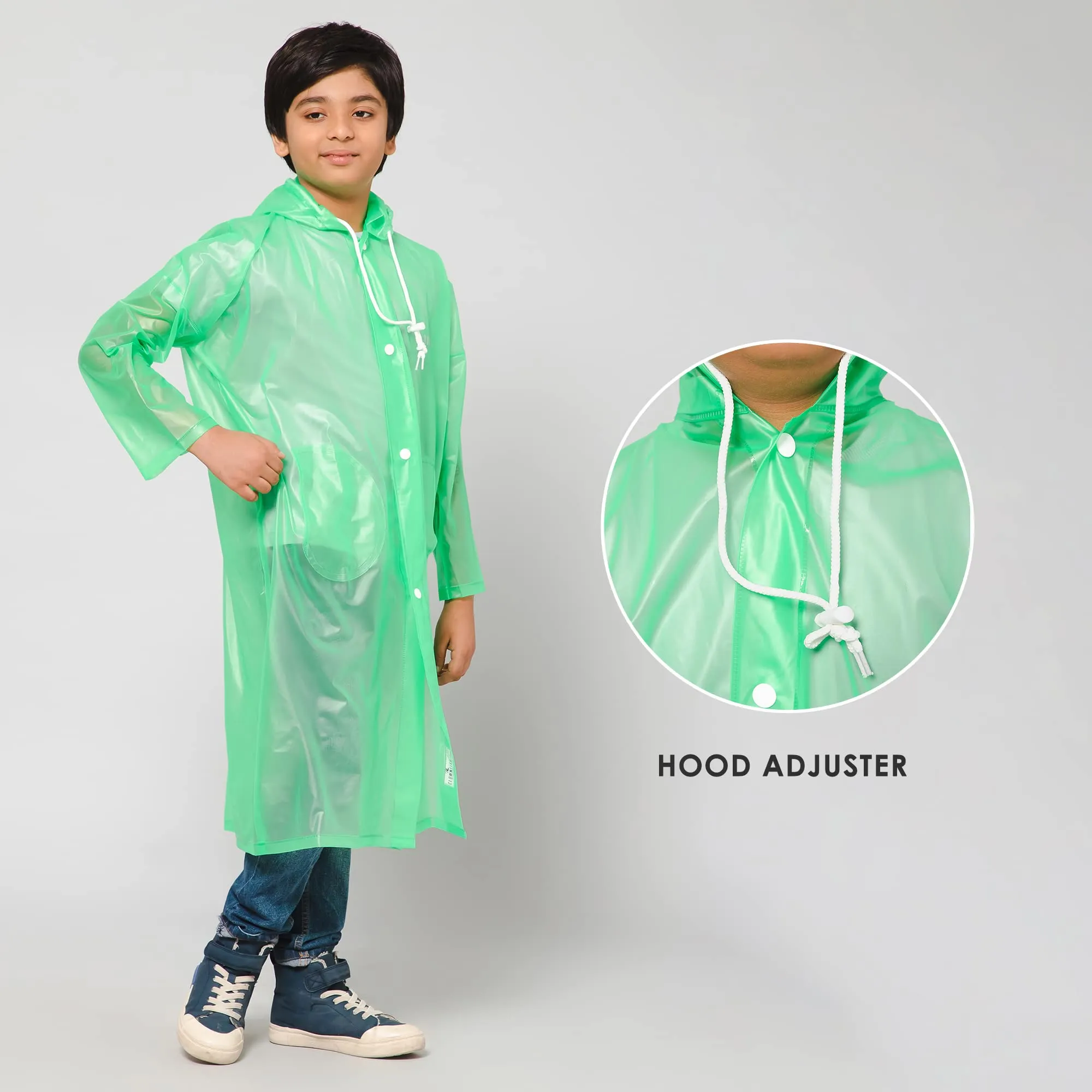 THE CLOWNFISH Wet & Wild Series Unisex Kids Waterproof Single Layer PVC Longcoat/Raincoat with Adjustable Hood. Age-4-5 Years (Fluoroscent Green)