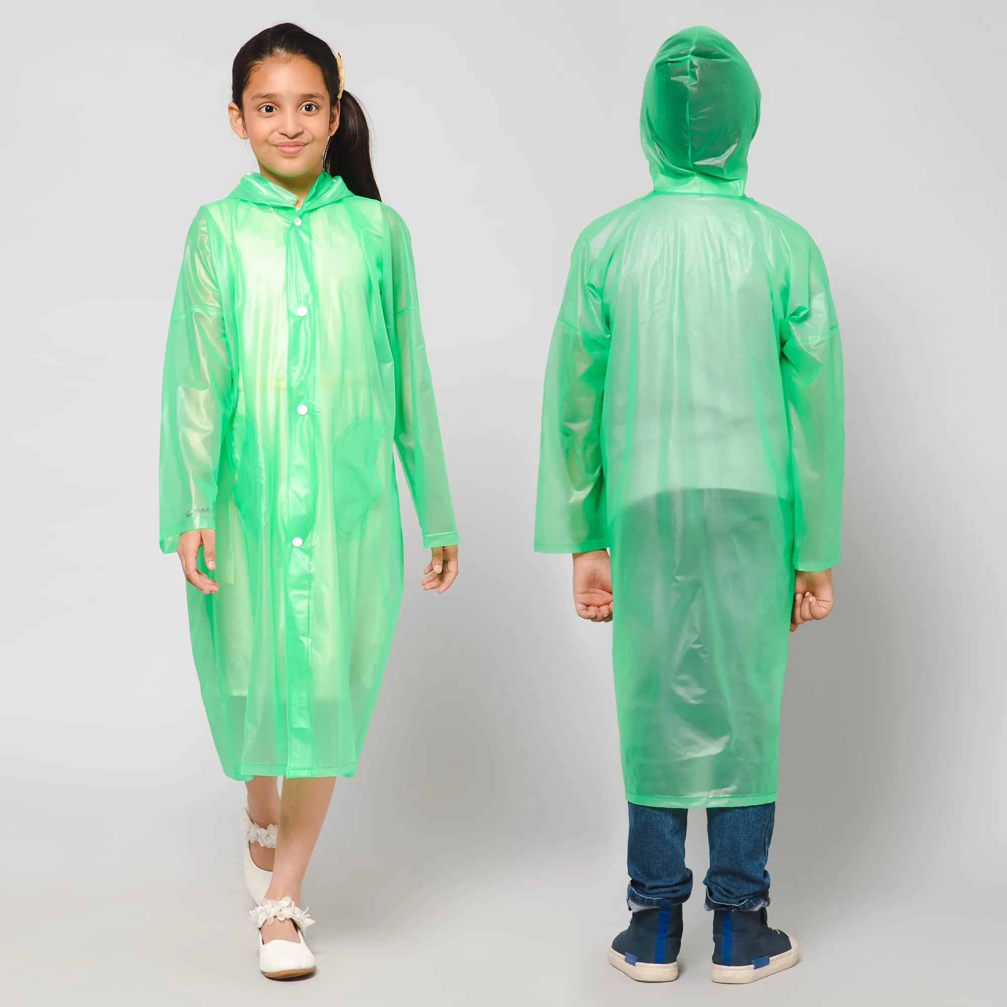 THE CLOWNFISH Wet & Wild Series Unisex Kids Waterproof Single Layer PVC Longcoat/Raincoat with Adjustable Hood. Age-4-5 Years (Fluoroscent Green)