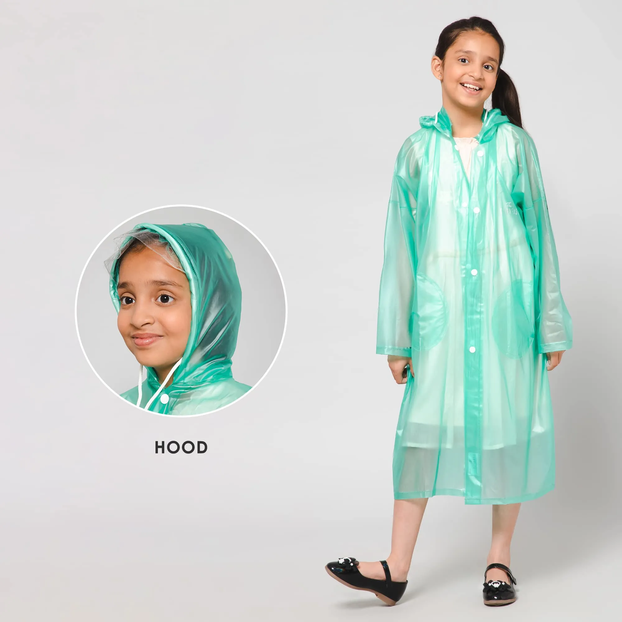 THE CLOWNFISH Wet & Wild Series Unisex Kids Waterproof Single Layer PVC Longcoat/Raincoat with Adjustable Hood. Age-5-6 Years (Fern Green)