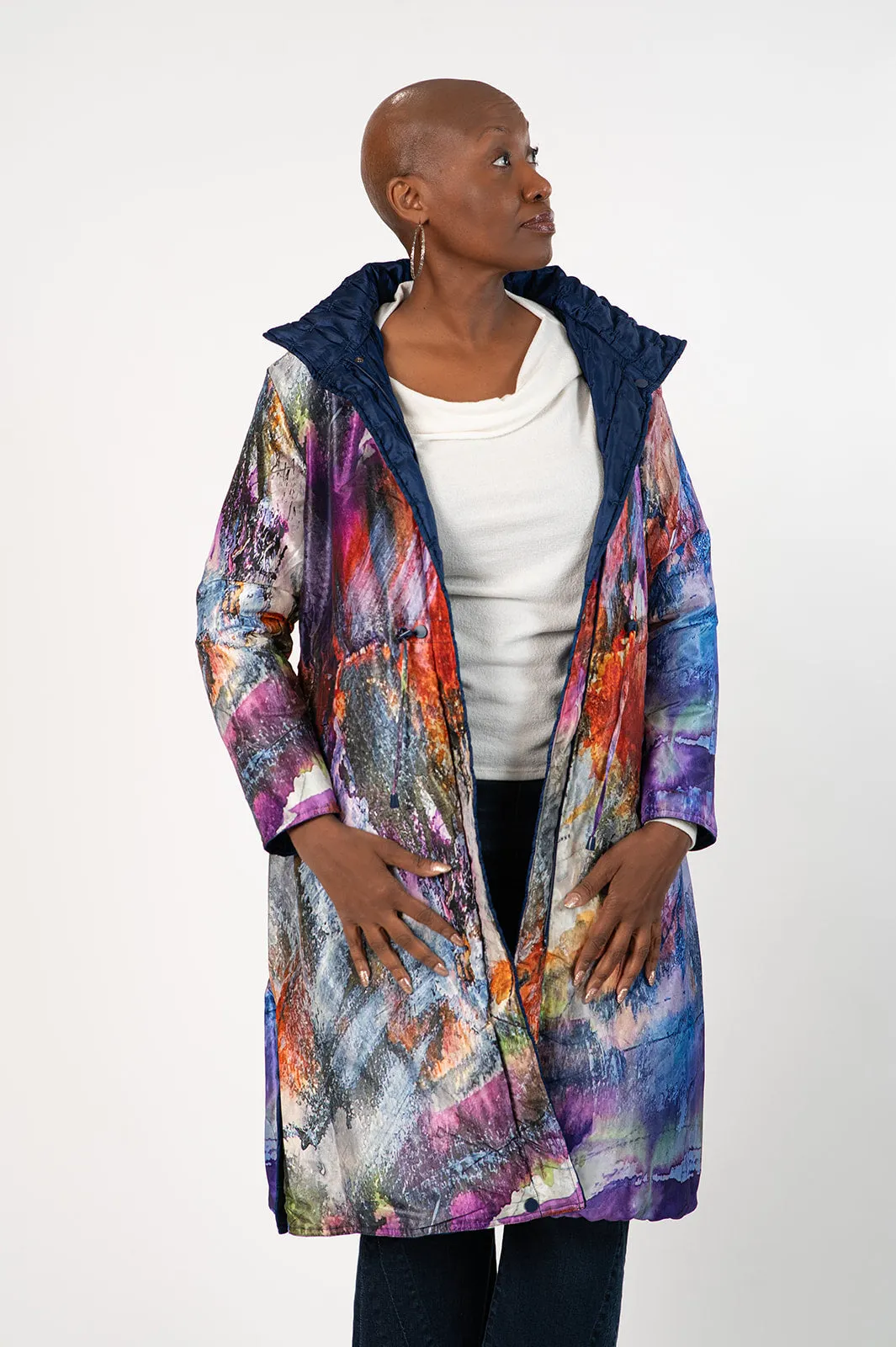 UbU Reversible Quilted 3/4 Length Coat - Navy/Weather the Storm