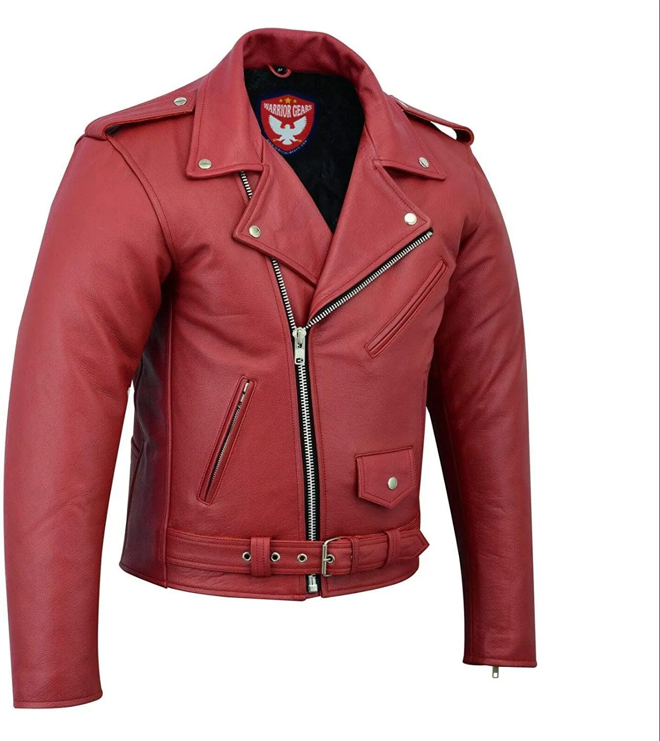 Warrior Gears® Perfecto Marlo Brando Leather Motorcycle Jacket for Men  Cowhide- Red