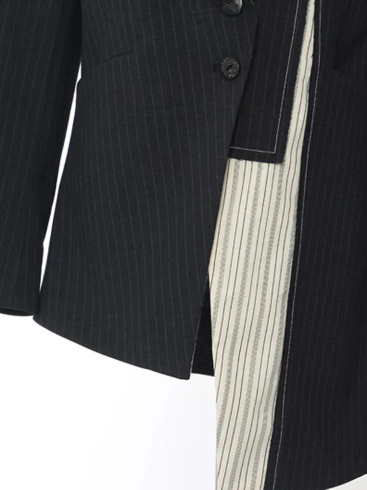 Women's Asymmetrical Navy Blue Striped Blazer Coat | Elegant Style