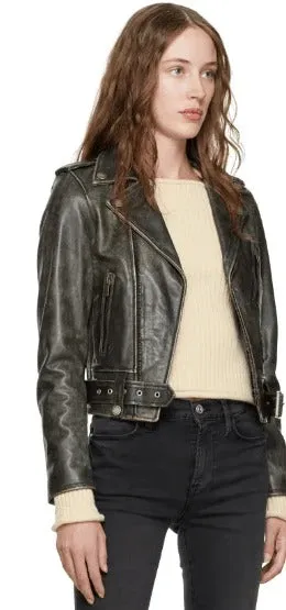 Womens Black Distressed Biker Leather Jacket with Asymmetrical Zip