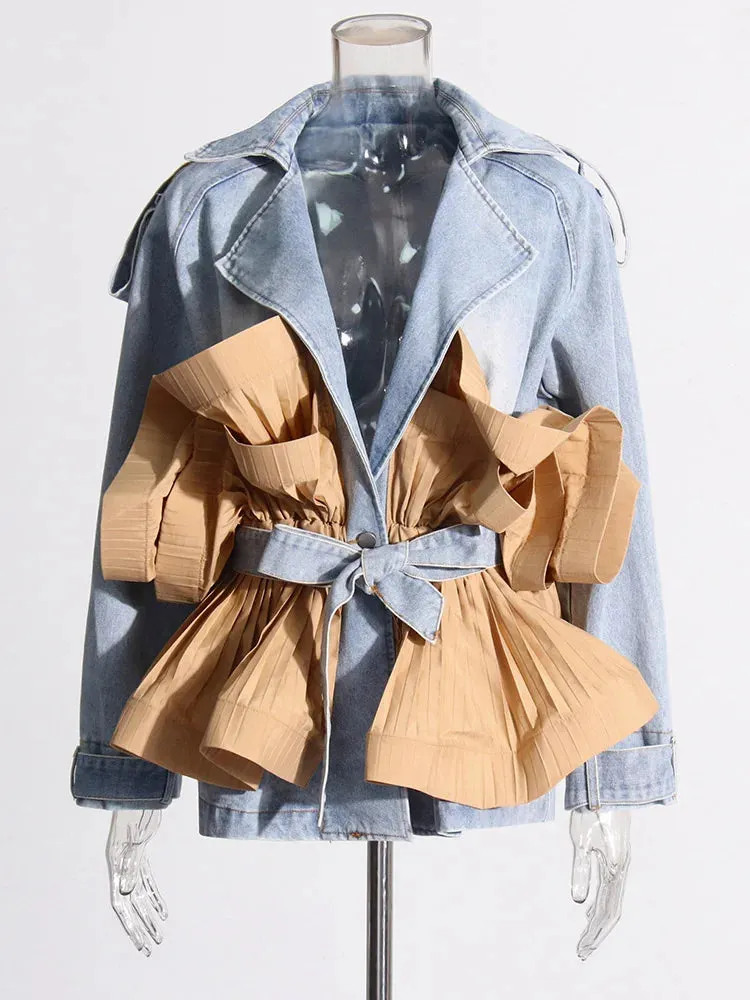 Women's Chic Denim Jacket with Khaki Ruffles