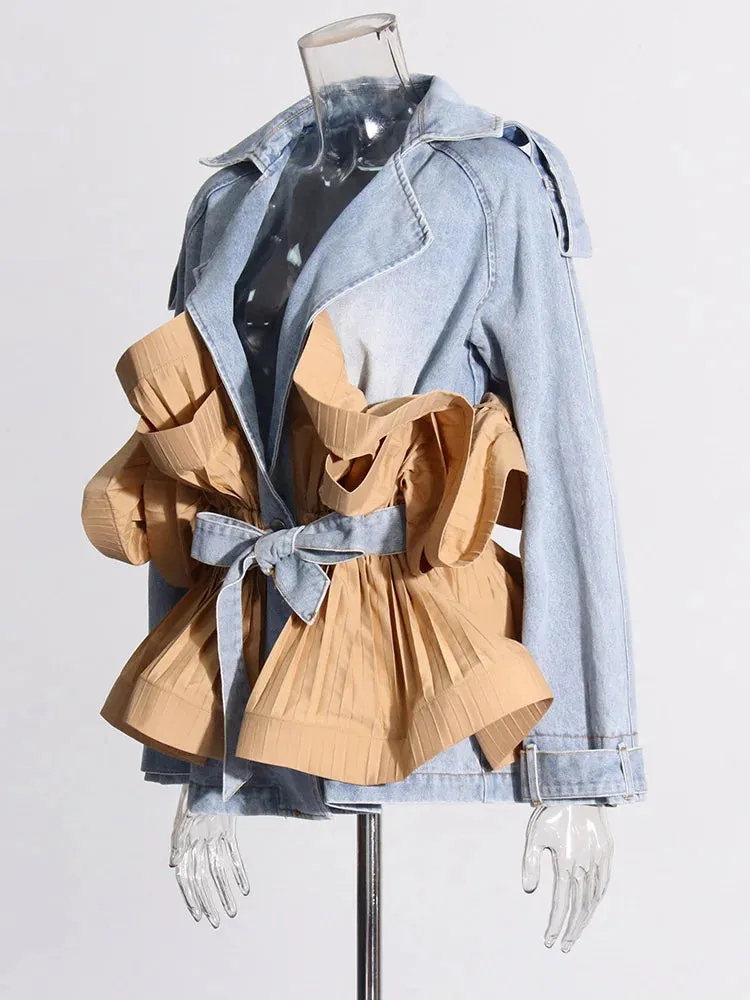 Women's Chic Denim Jacket with Khaki Ruffles