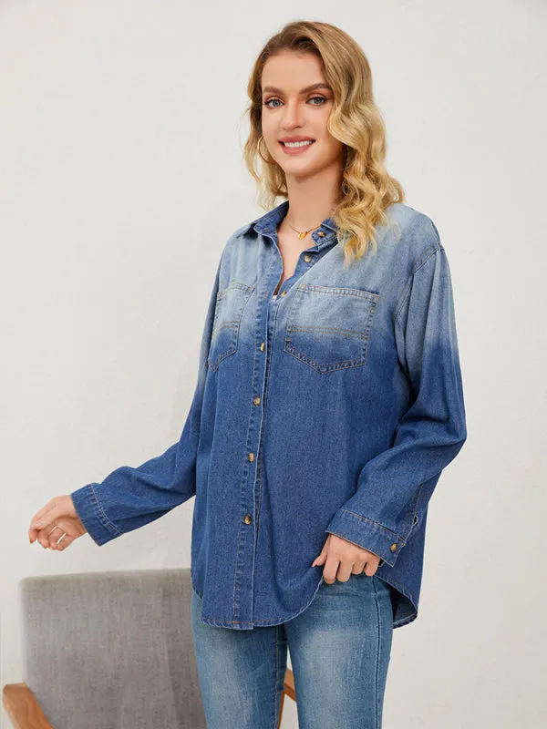 Women's Denim Shirts - Women's Casual Comfortable Faded Denim Lapel Shirt