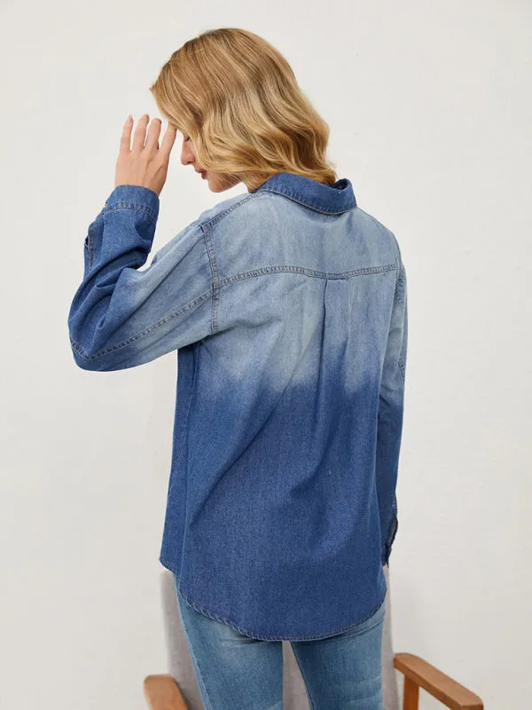 Women's Denim Shirts - Women's Casual Comfortable Faded Denim Lapel Shirt