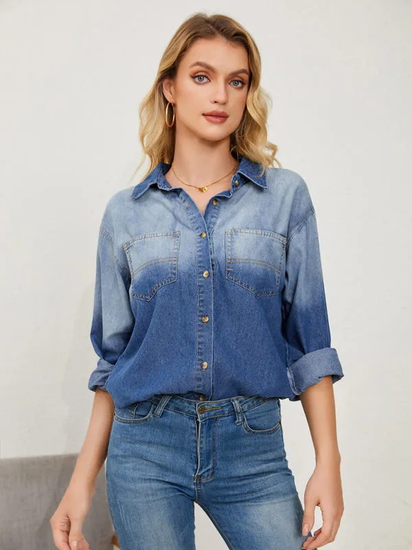 Women's Denim Shirts - Women's Casual Comfortable Faded Denim Lapel Shirt