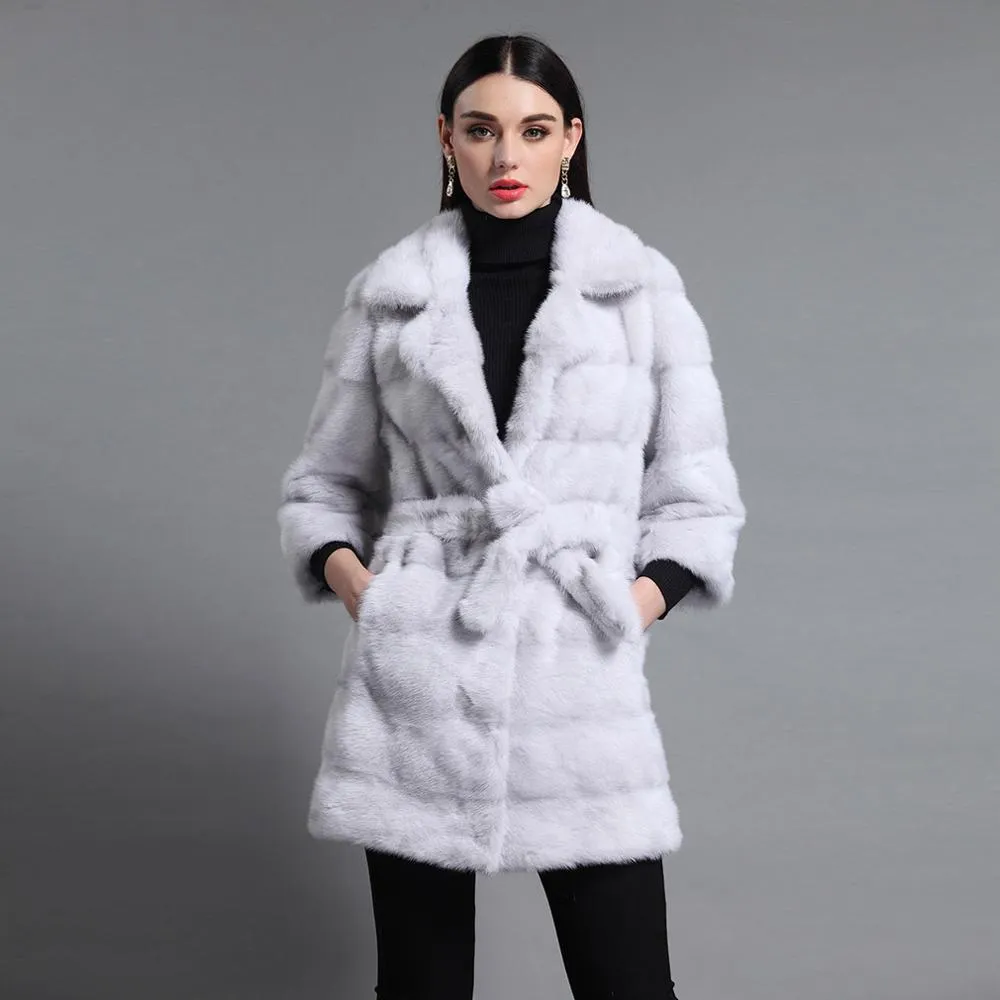 Women's Genuine Mink Fur Coat Women With Suit Collar Warm Long Overcoat  16047