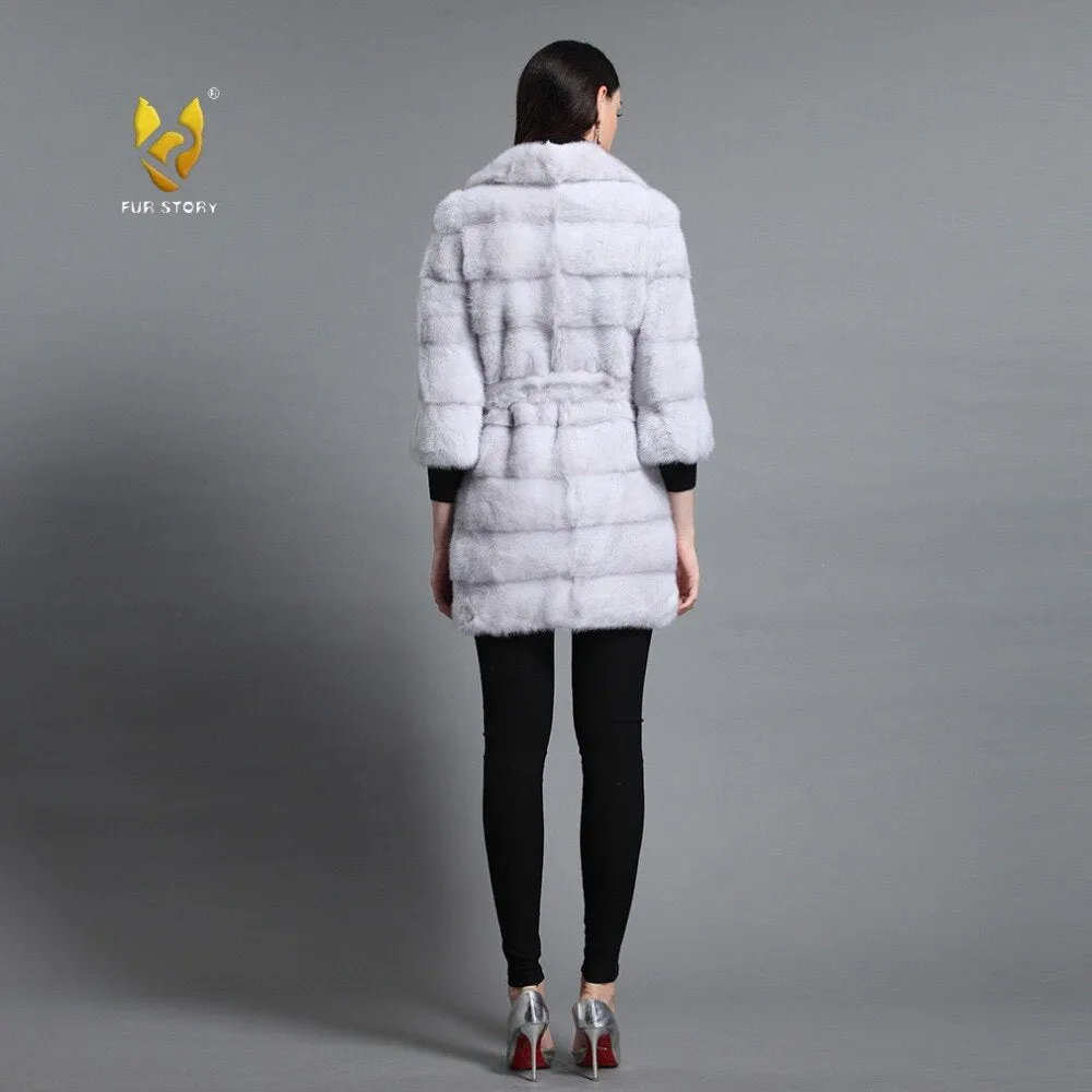 Women's Genuine Mink Fur Coat Women With Suit Collar Warm Long Overcoat  16047