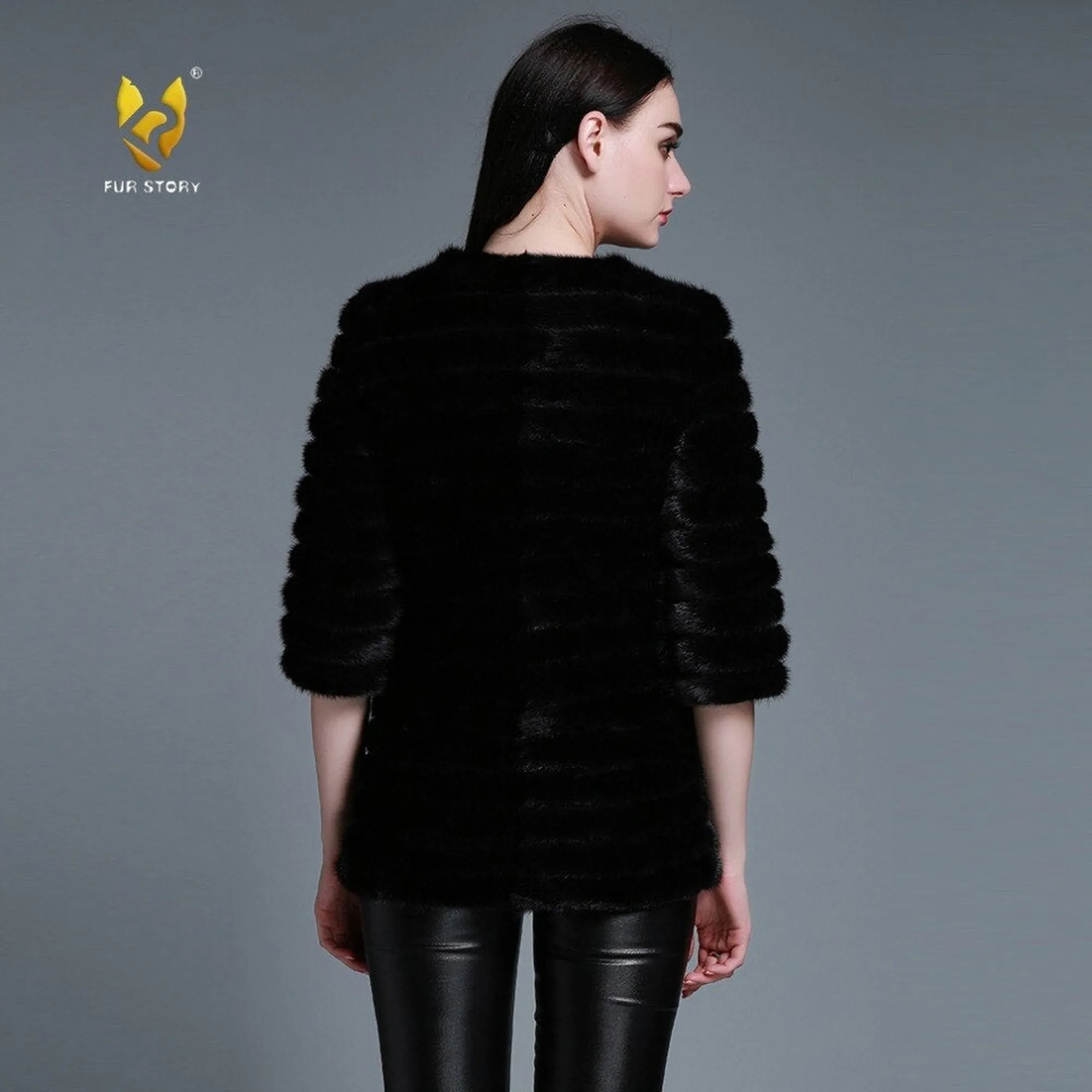 Women's Natural Mink Fur Coat Women Half Sleeve Stripes 13087