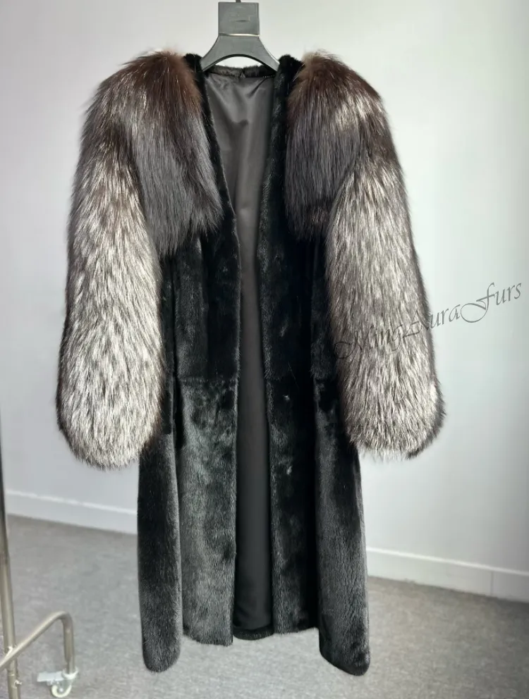 Women's Real Fox Fur Coat - Silver Fox and Mink - G0040