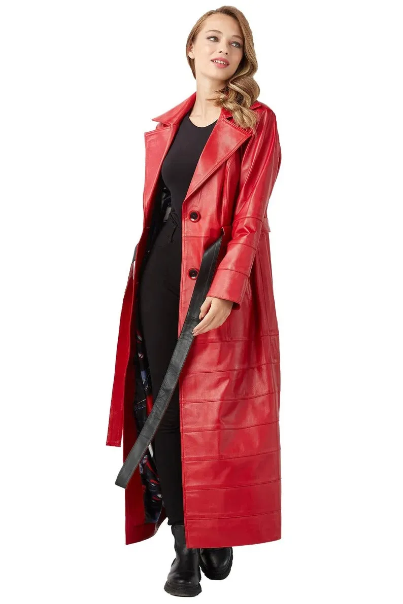 Women's Red Leather Double Breasted Trench Coat