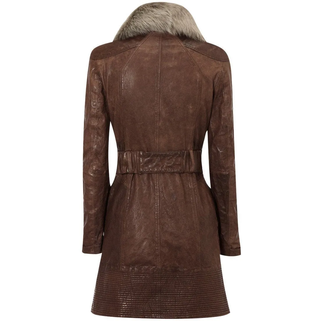 Womens Veg Leather Long Coat with Fur Collar